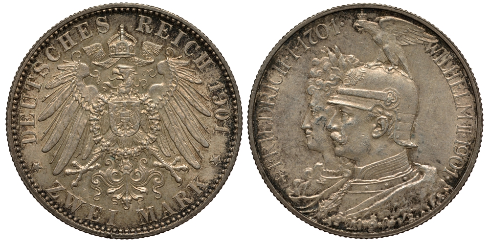 Пруссия 2 марки 1901 A, 200 лет Прусской королевской династии (Фридрих I - Вильгельм II) J.105, Weege 105, KM 525 серебро 413-3724