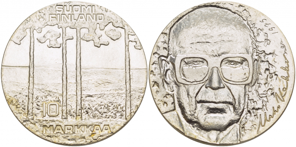 Финляндия 10 марок 1975 S-H, 75 лет президенту Урхо Кекконену KM 54 серебро UNC 1515-1621