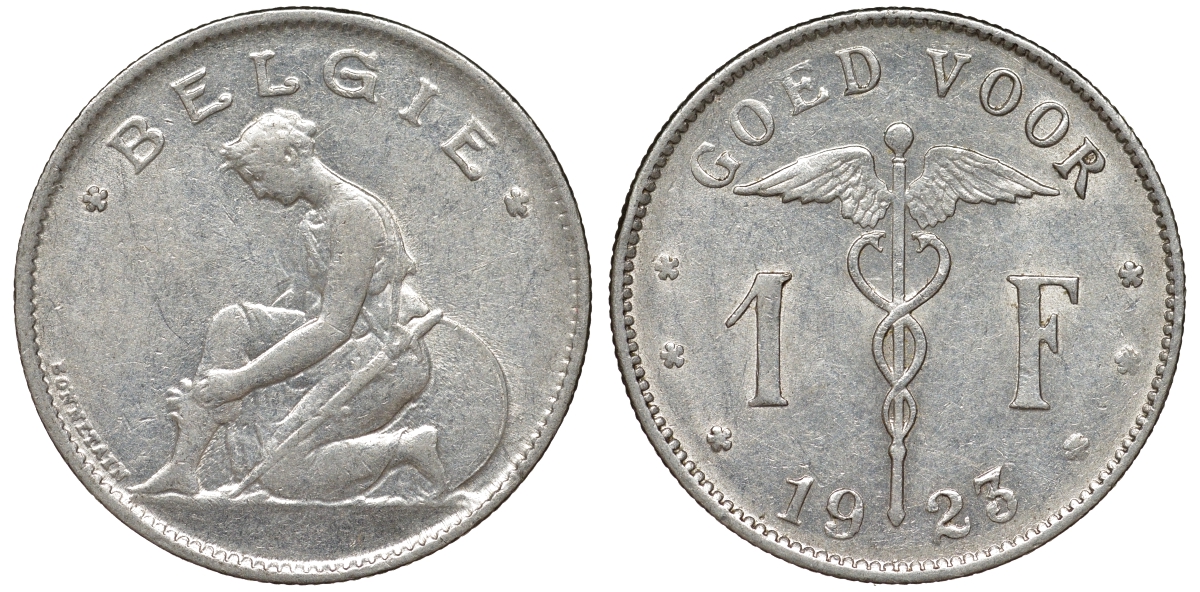 Бельгия 1 франк 1923 Belgie, Альберт I (1909-1934) KM 90 никель 51-1131