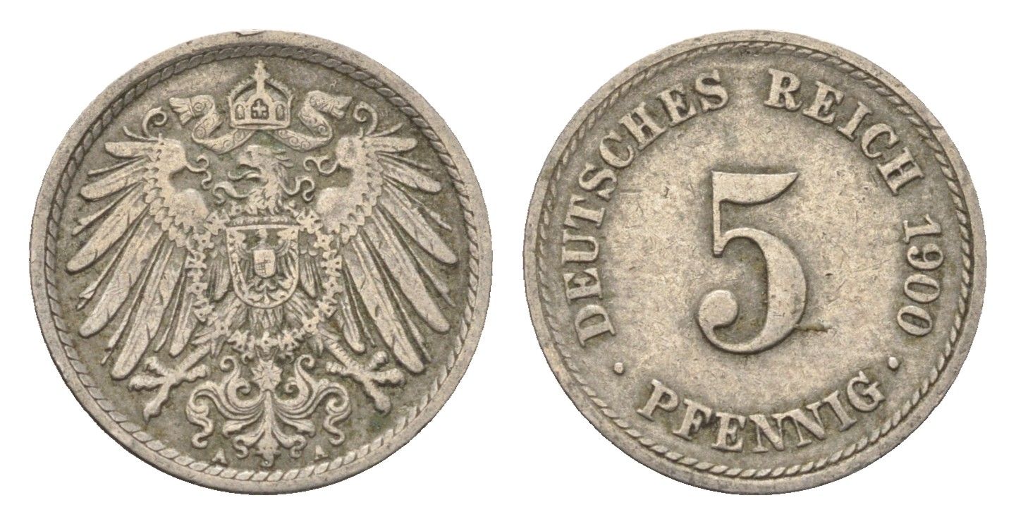 Германия 5 пфеннигов 1900 A KM 11, J. 12 медно-никель 4696-613