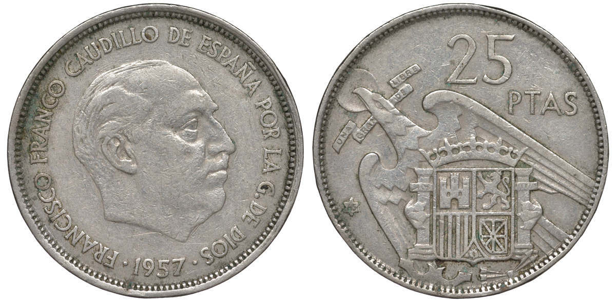 ИСПАНИЯ 25 ПЕСЕТ 1957 (63) ФРАНСИСКО ФРАНКО ДИКТАТОР ИСПАНИИ (1939-1975) KM 787 медно-никель 45-934