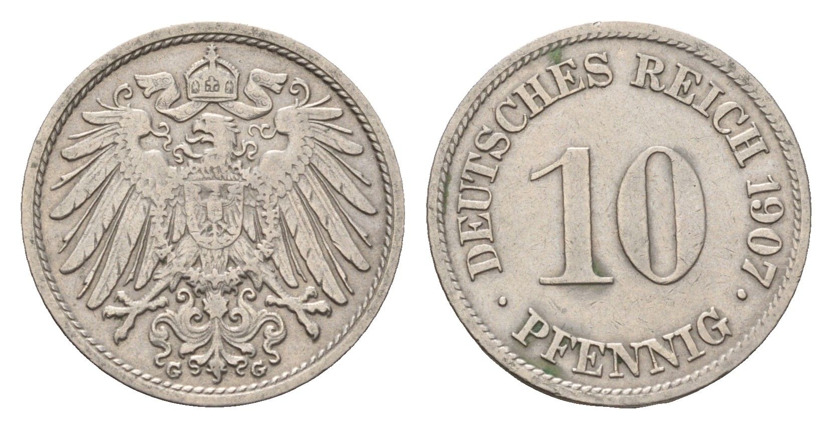 Германия 10 пфеннигов 1907 G, Вильгельм II (1888-1918) KM 12, J. 13 медно-никель 4636-866