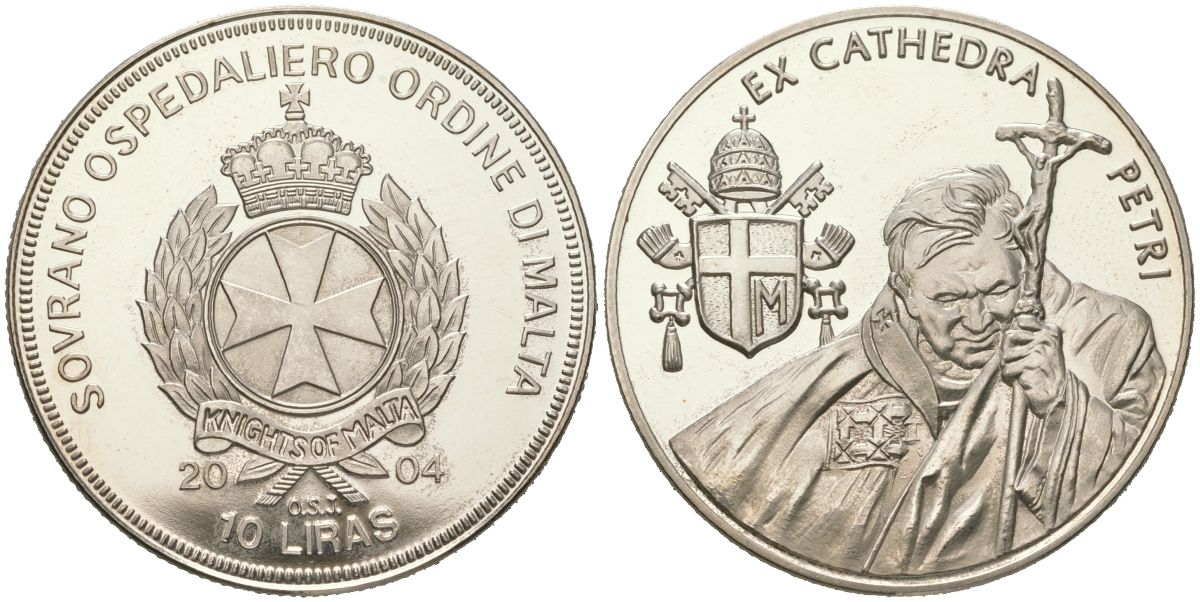 Мальтийский орден 10 лир 2004 Жизнь Папы, Иоанн Павел II - Герб Папы Иоанна Павла II, тираж 5.000 экземпляров медно-никель PROOF 1529-1231