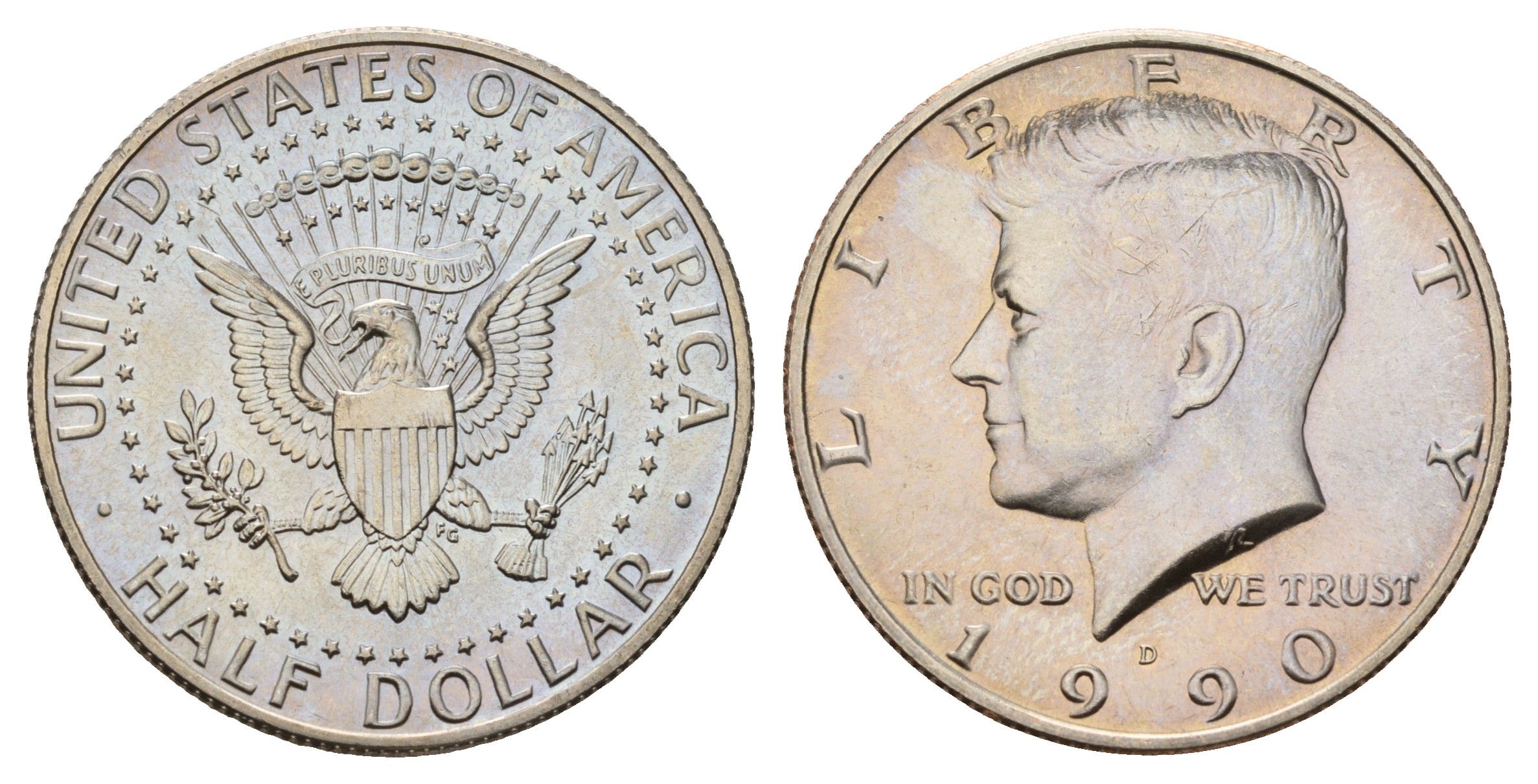 США 1/2 доллара (50 центов) 1990 D, Джон Кеннеди KM A202b медь плакированная медно-никелем UNC 4672-642