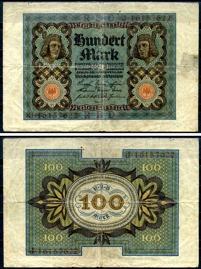 Германия 100 марок 1920 Бамбергский всадник, 8 цифр в номере, серия J, буква J Pick 69 b, Розенберг 69b бумага 8617-40-2-2