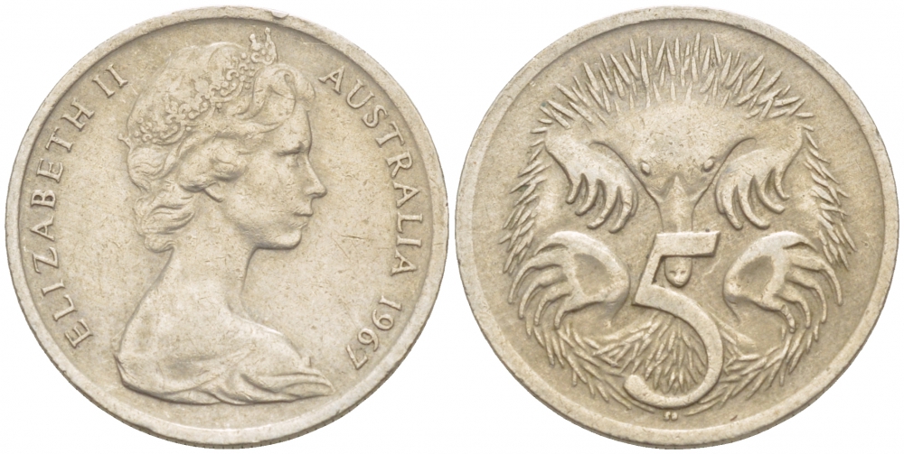 АВСТРАЛИЯ 5 ЦЕНТОВ 1967 ЕЛИЗАВЕТА II, МОЛОДОЙ ПОРТРЕТ, ЕХИДНА KM 64 медно-никель 4532-553