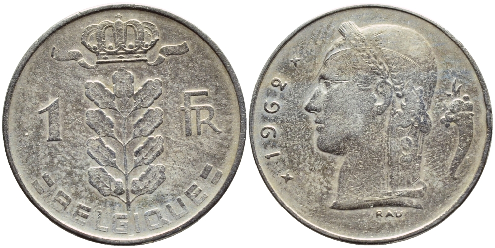 БЕЛЬГИЯ 1 ФРАНК 1962 BELGIQUE KM 142.1 медно-никель 4388-626