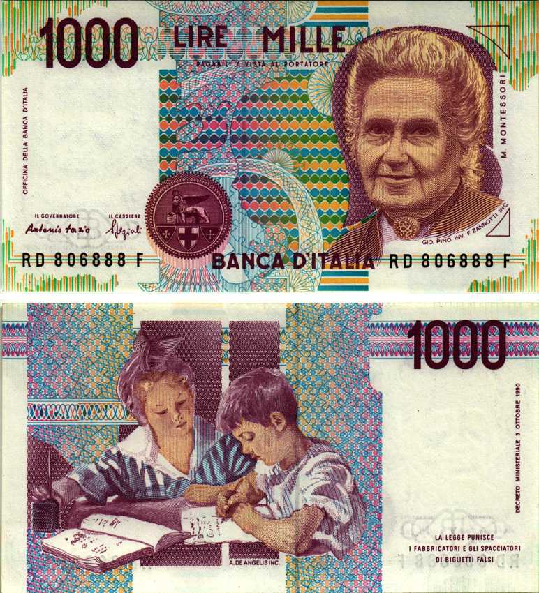 Италия 1000 лир 1990 Мария Монтессори Pick 114b UNC (пресс) 7183-26-3-1