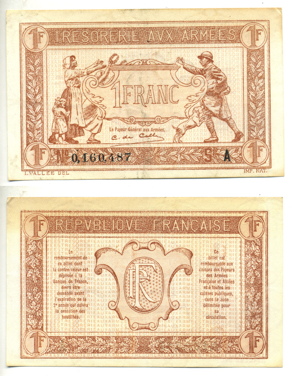 ФРАНЦИЯ 1 ФРАНК 1917 СЕРИЯ A, ВЫПУСК ДЛЯ ВОЕННОГО КАЗНАЧЕЙСТВА, ПЕРВАЯ МИРОВАЯ ВОЙНА Pick M2 бумага 3295-105-1-1