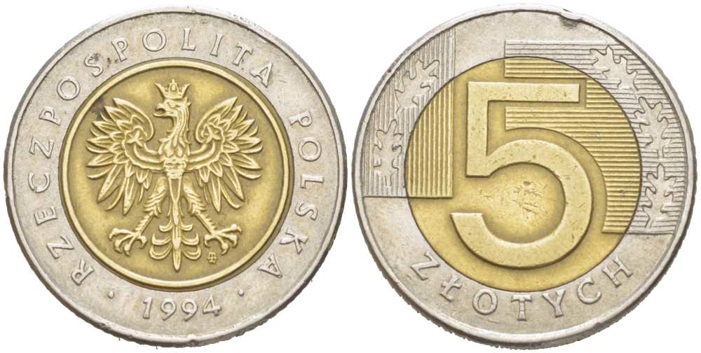 Польша 5 злотых 1994 MW KM 284 биметалл 217-524