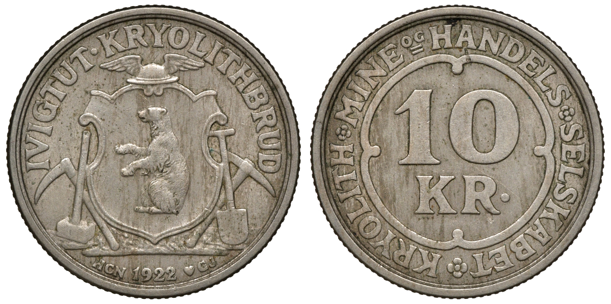 Гренландия 10 крон 1922 криолитовые шахты KM Tn49 медно-никель 4044-1343