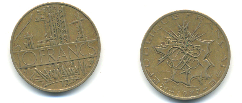 Франция 10 франков 1977 тип Матье KM 940, Le Franc 365.9-10 никель латунь 89-1416
