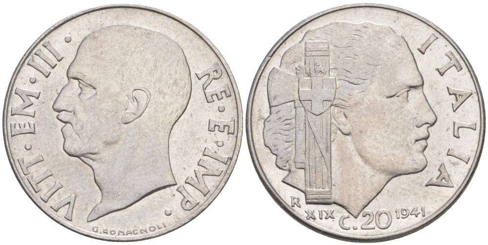ИТАЛИЯ 20 ЧЕНТЕЗИМО 1941 R, ГОД XIX, ВИКТОР ЭММАНУИЛ III (1900-1946) KM 75b, VEM3. 1028 нержавеющая сталь 3853-911
