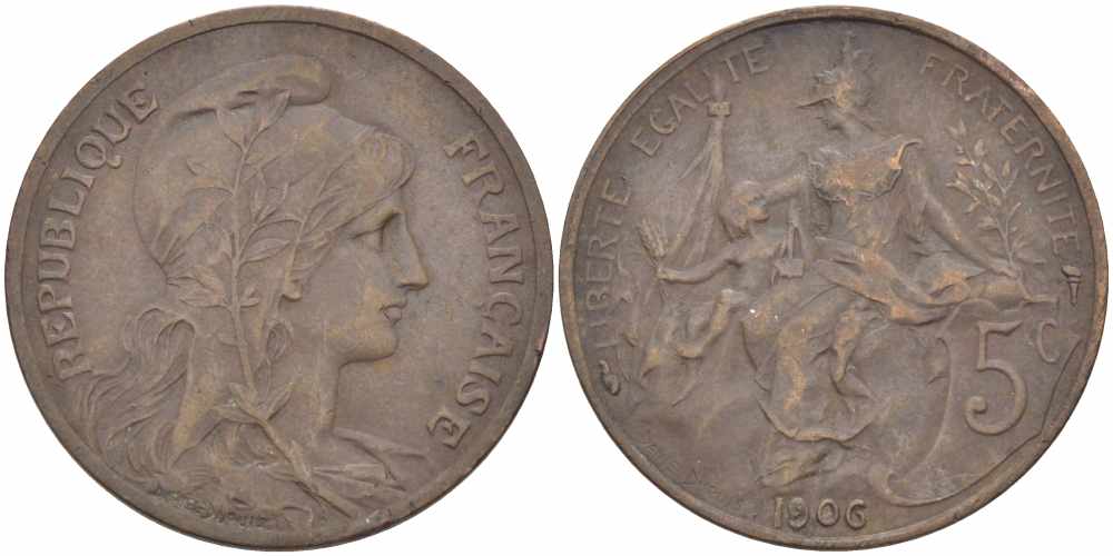 ФРАНЦИЯ 5 САНТИМОВ 1906 ТИП ДАНИЭЛЬ ДЮПЮИ KM 842, LE FRANC 119.16 бронза 108-852