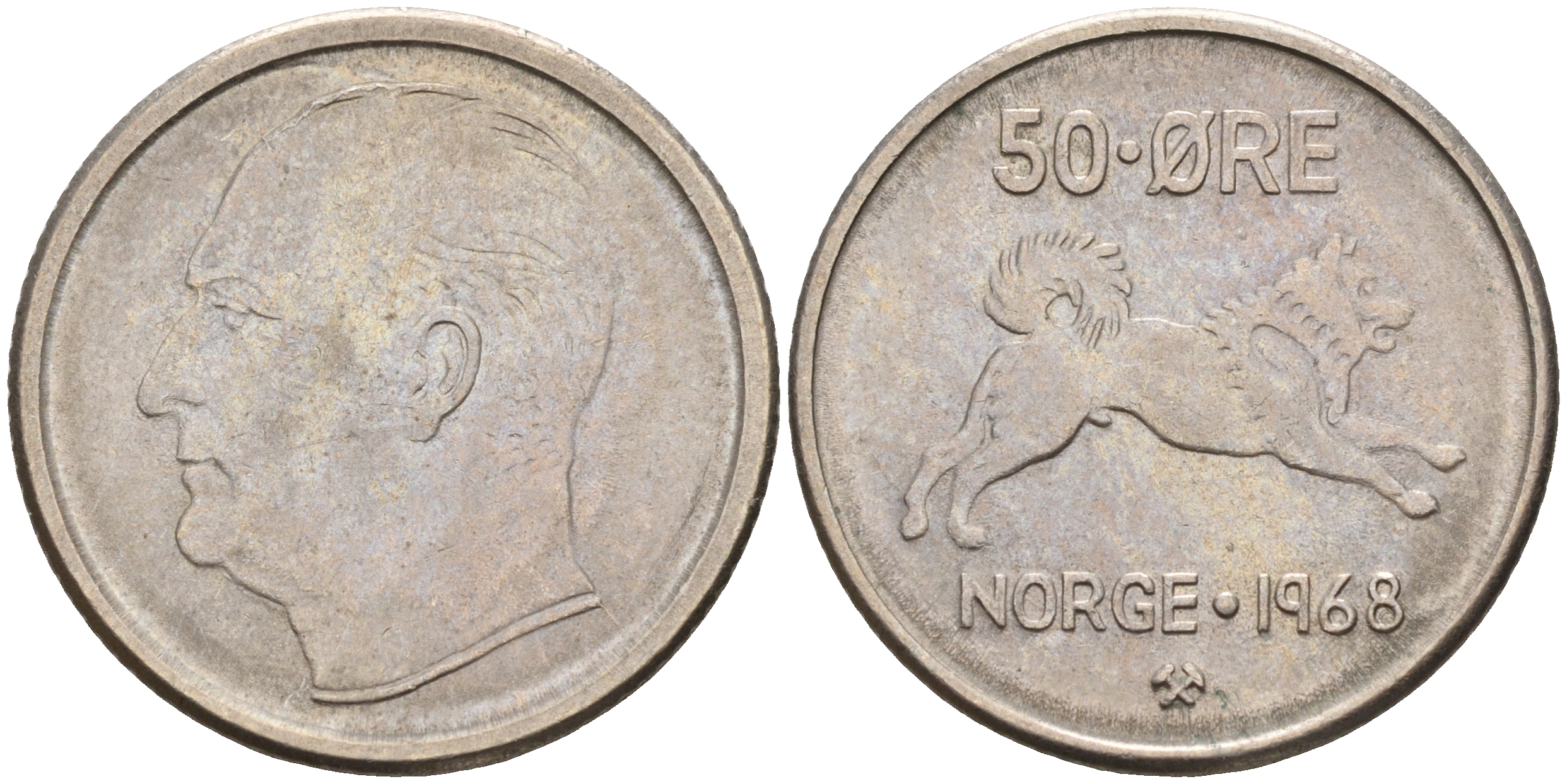 Норвегия 50 эре 1968 Улаф V (1957-1991), собака KM 408 медно-никель    4143-251