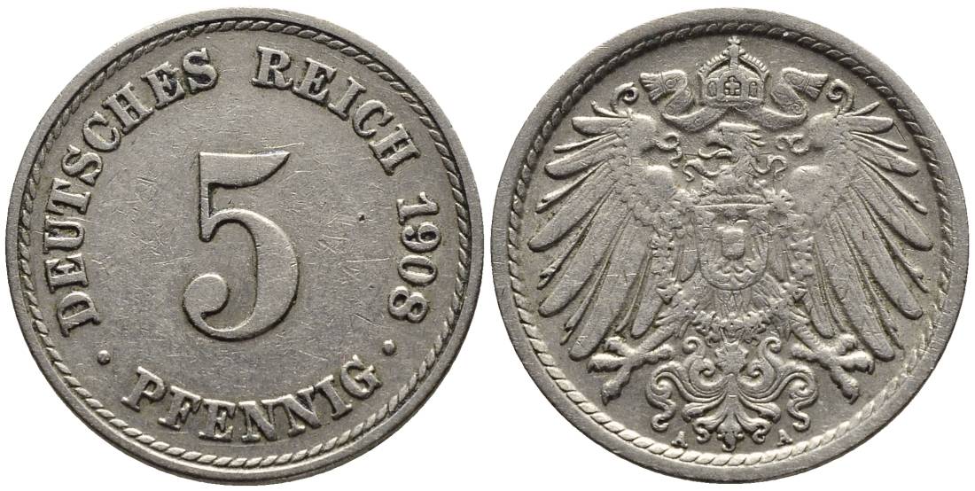 Германия 5 пфеннигов 1908 A KM 11, Jager 12, Weege 6 медно-никель 4547-463