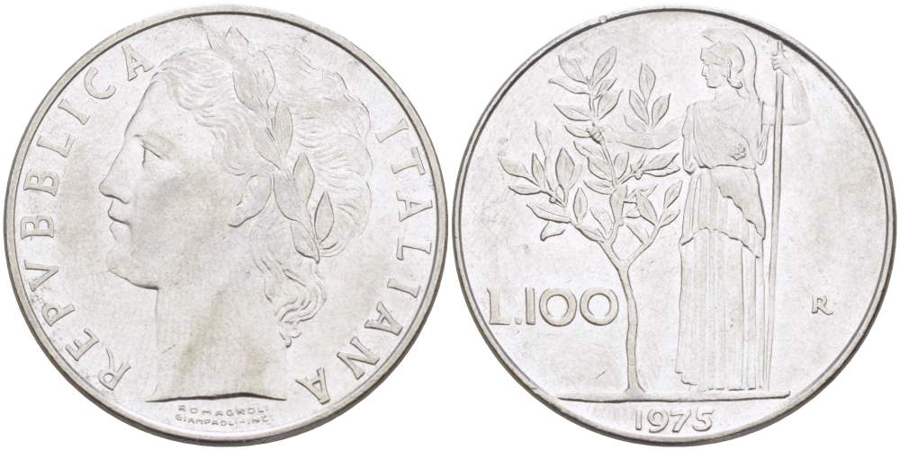 ИТАЛИЯ 100 ЛИР 1975 R, АФИНА, ДИАМЕТР 28 ММ. KM 96.1 нержавеющая сталь 4394-132
