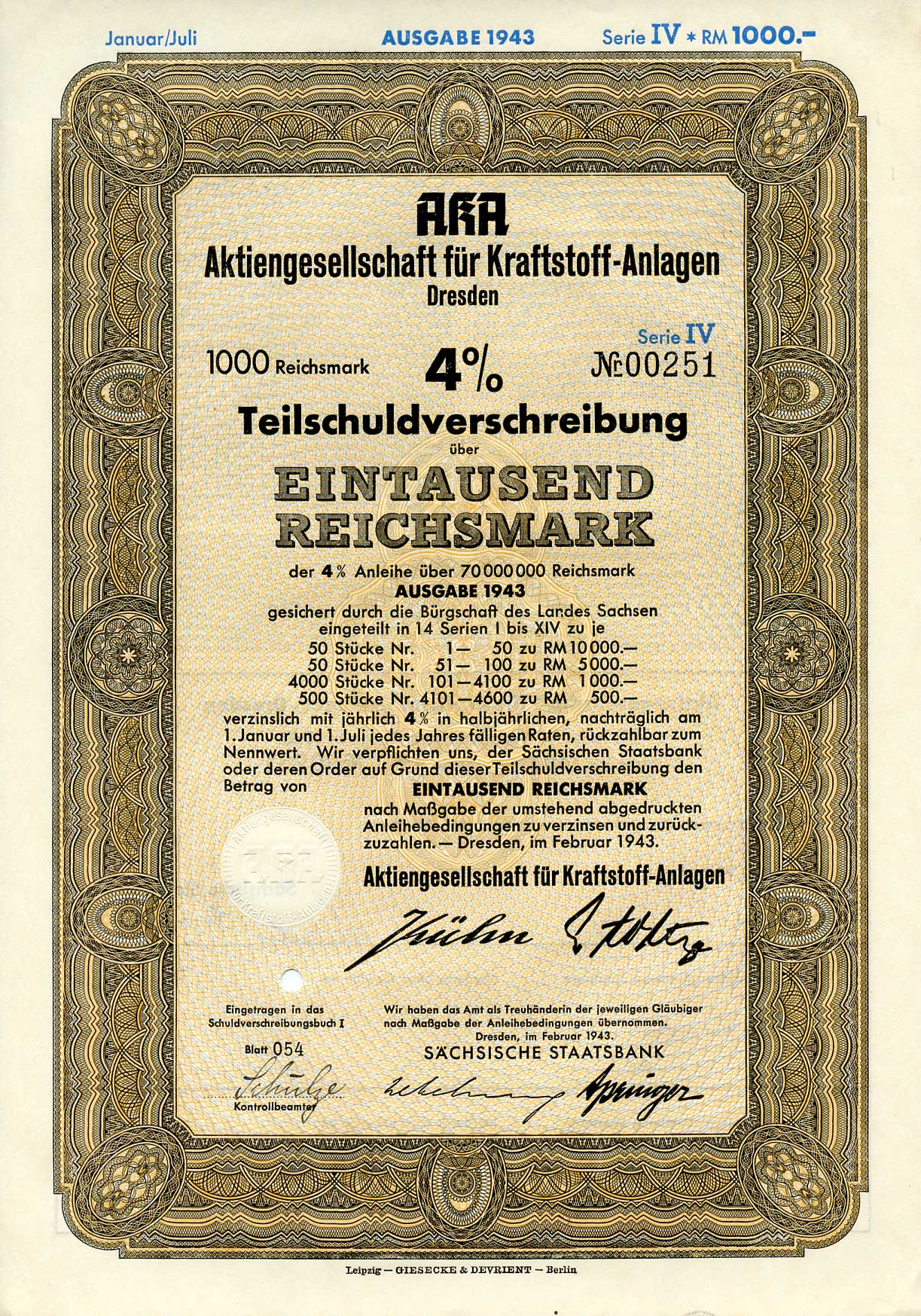 Германия 1000 рейхсмарок 1943 АО топливных заводов, Дрезден, также известное как AKA, 4%частичное обязательство, серия V, облигация   бумага   8802-58-1
