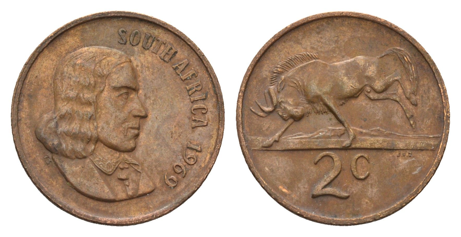 ЮАР 2 цента 1969 Ян ван Рибек (1619-1677), South Africa, легенда на английском, антилопа KM 66.1 бронза 4122-443