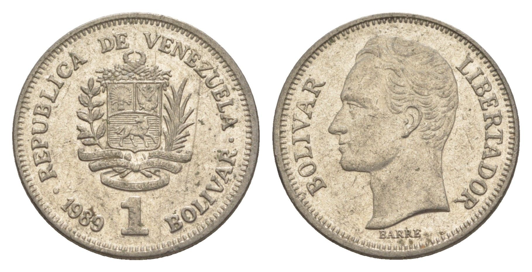 Венесуэла 1 боливар 1989 Симон Боливар, тонкий шрифт Y 52a.1 сталь плакированная никелем 4589-827