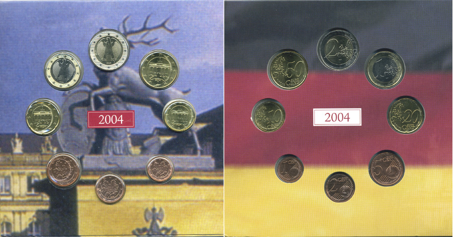 Германия набор из 3 евронаборов по 8 монет 2002-2004 буква F, мондвор Штутгарт, оригинальный официальный набор из трех евронаборов, в картонном буклете UNC 2-5-1-12