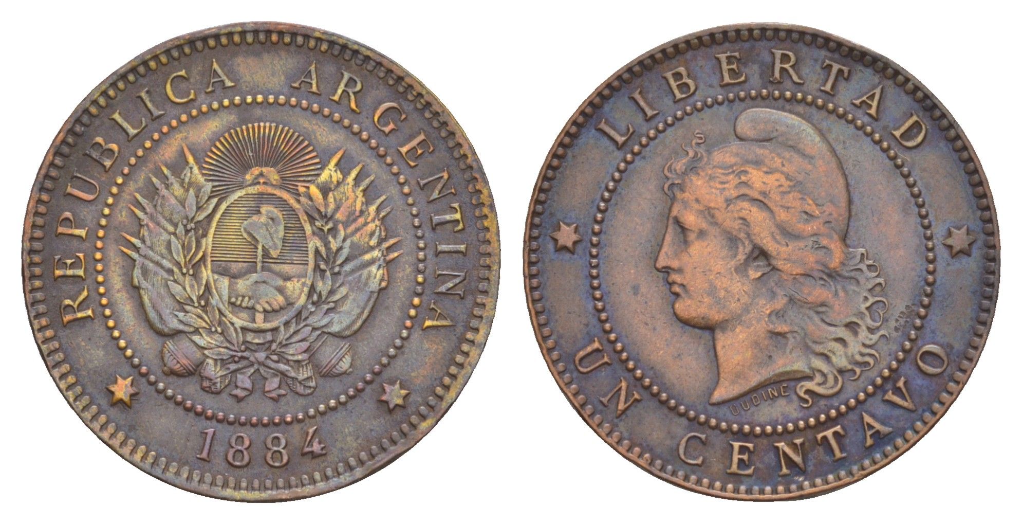 Аргентина 1 сентаво 1884 голова свободы влево KM 32 бронза 4656-154