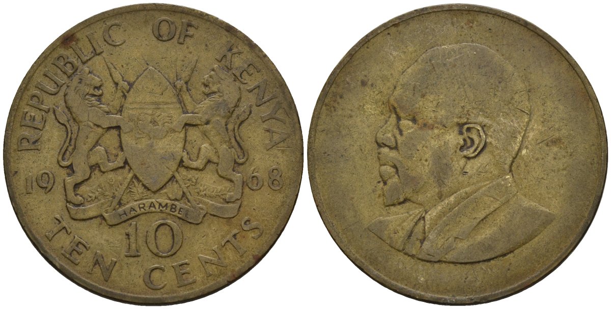 Кения 10 центов 1968 Джомо Кениата KM 2 никель латунь 4144-1212