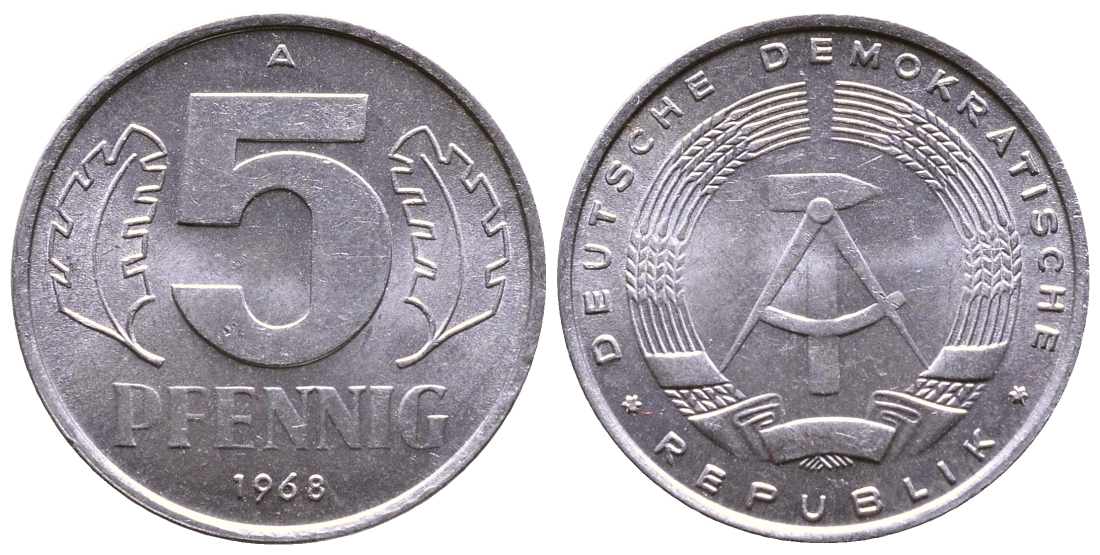 ГДР 5 пфеннигов 1968 А КМ 9.1 алюминий 4110-1763