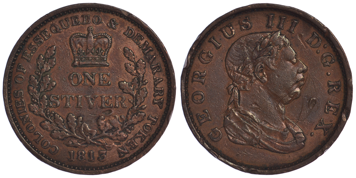 Эссекибо и Демерара (Британская Гвиана) 1 стивер 1813 Георг III KM 10 медь 1525-1044