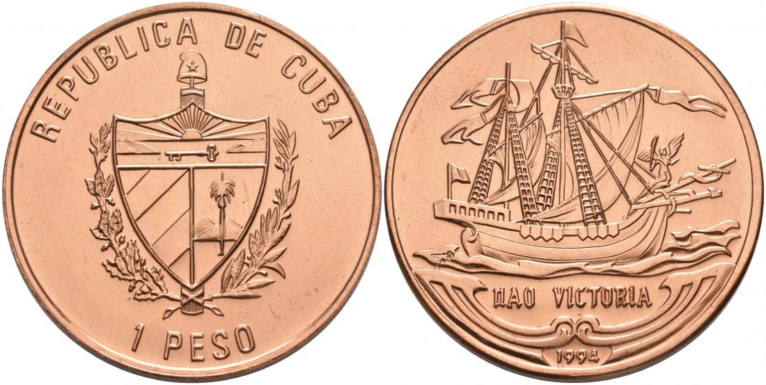 Куба 1 песо 1994 парусник Виктория KM 517 медь UNC 1526-932 M7-17
