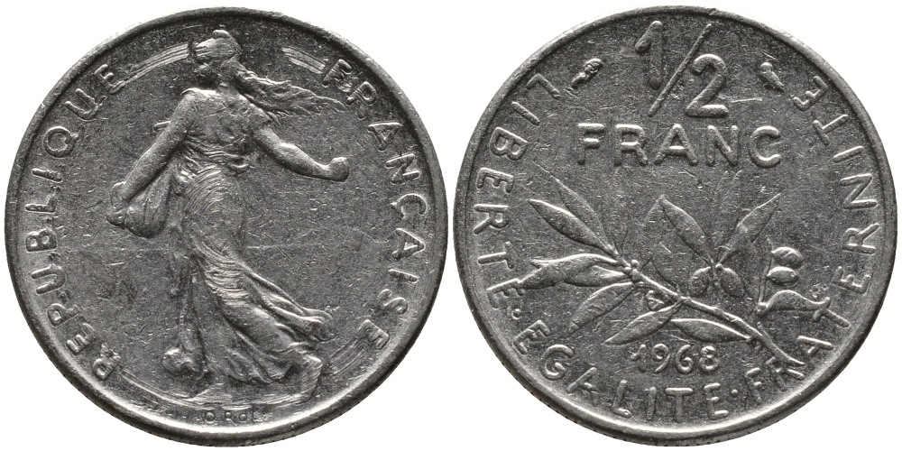 ФРАНЦИЯ 1/2 ФРАНКА 1968 СЕЯТЕЛЬ KM 931.1 никель 261-1144