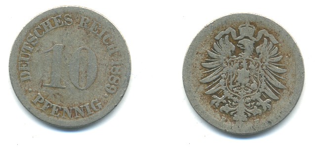 Германия 10 пфеннигов 1889 F, старогарбовка KM 4, Jager 4, Weege 7 медно-никель 4379-813