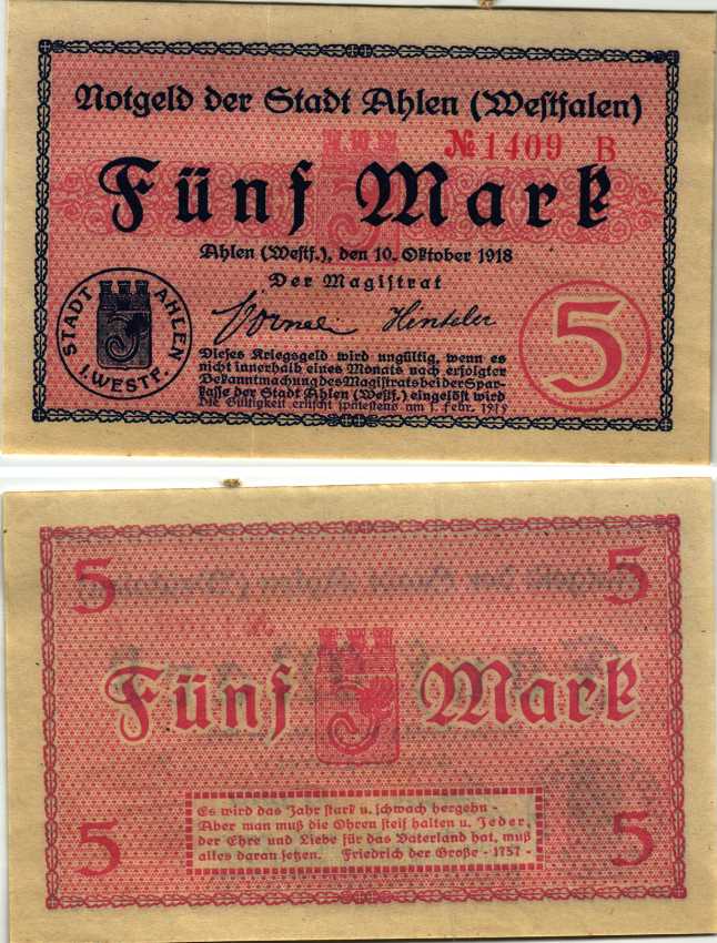 АЛЕН 5 МАРОК 1918 НОТГЕЛЬД, 10 ОКТЯБРЯ 1918, ЗЕМЛЯ СЕВЕРНЫЙ РЕЙН-ВЕСТФАЛИЯ Geiger 006.02c бумага 6318-30-1-1