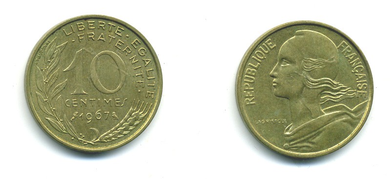 ФРАНЦИЯ 10 САНТИМОВ 1967 ТИП MARIANNE KM 929 медь алюминий никель 84-1613