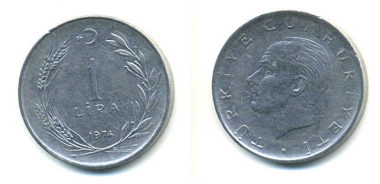 Турция 1 лира 1974 Мустафа Кемаль Ататюрк KM 889а.2 нержавеющая сталь80-1257