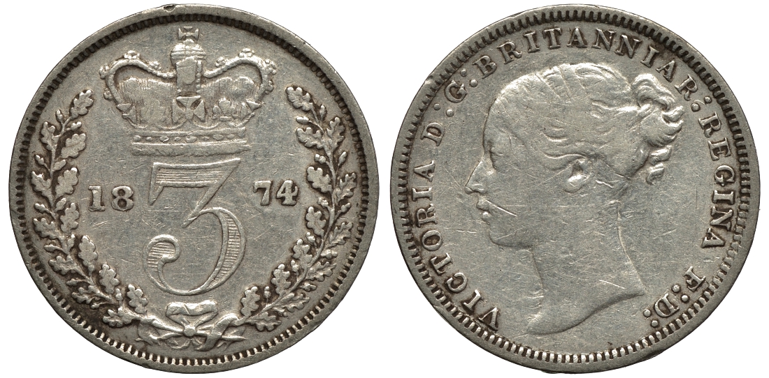 Великобритания 3 пенса 1874 Виктория (1837-1901) KM 730, Spink 3914C серебро 188-421