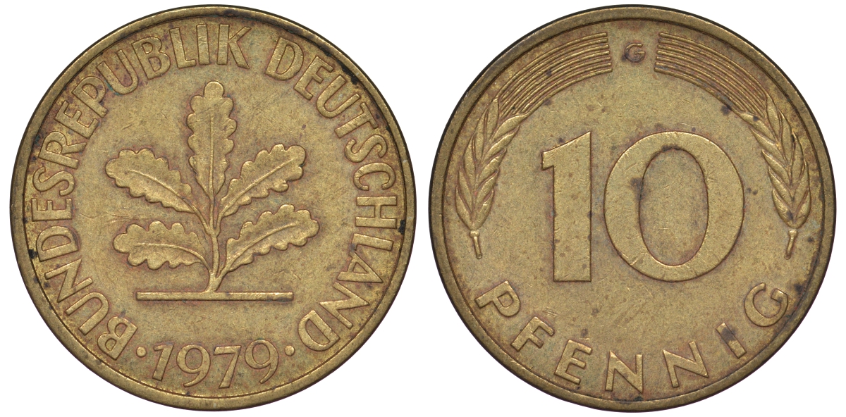 ФРГ 10 пфеннигов 1979 G KM 108, J 383 сталь плакированная латунью 25-1746