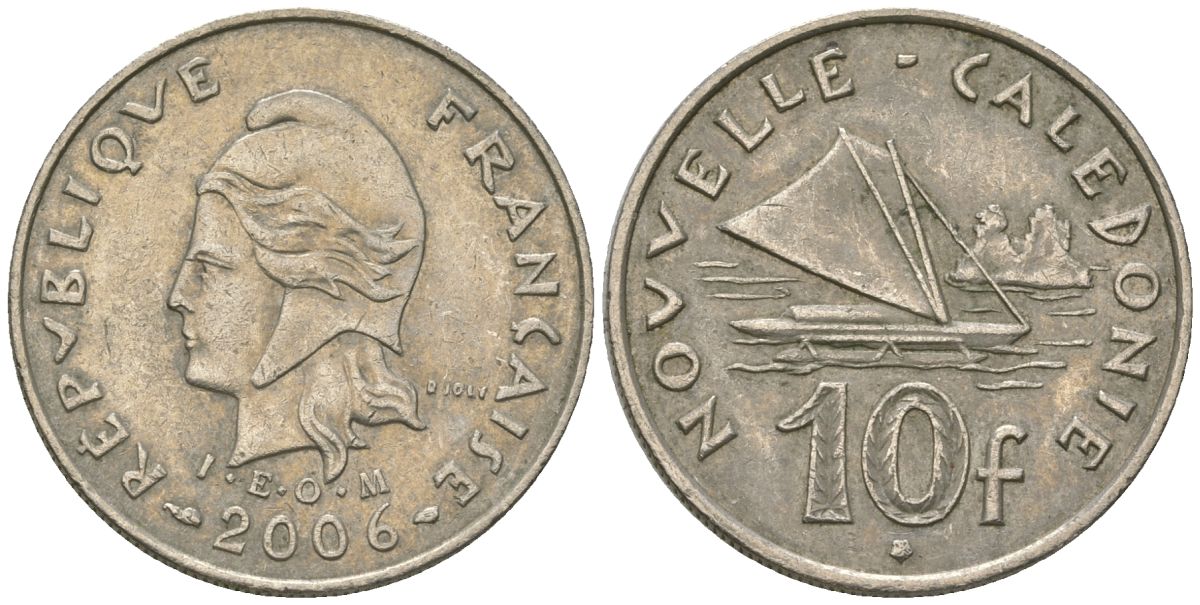 Французская Новая Каледония 10 франков 2006 рыбачья парусная лодка, (IEOM) KM 11a, Schoen 13a, Lec 99k медно-никель 54-2426