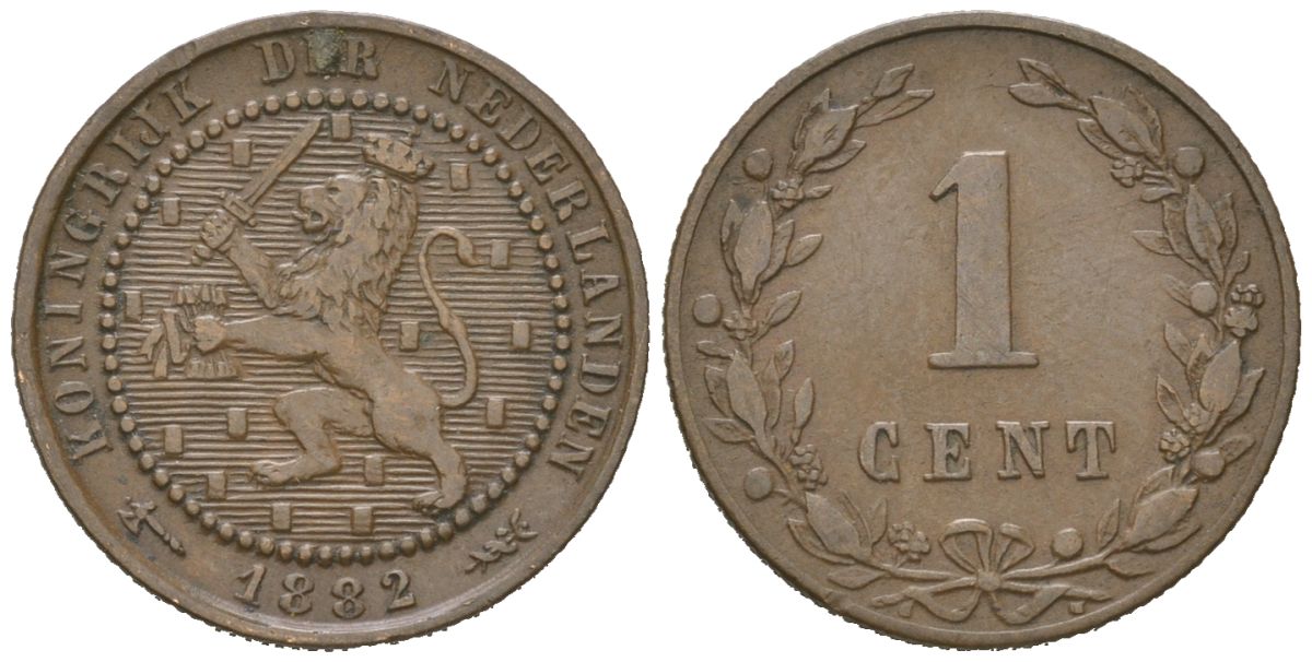Нидерланды 1 цент 1882 Виллем III (1849-1890) KM 107 бронза 4154-427