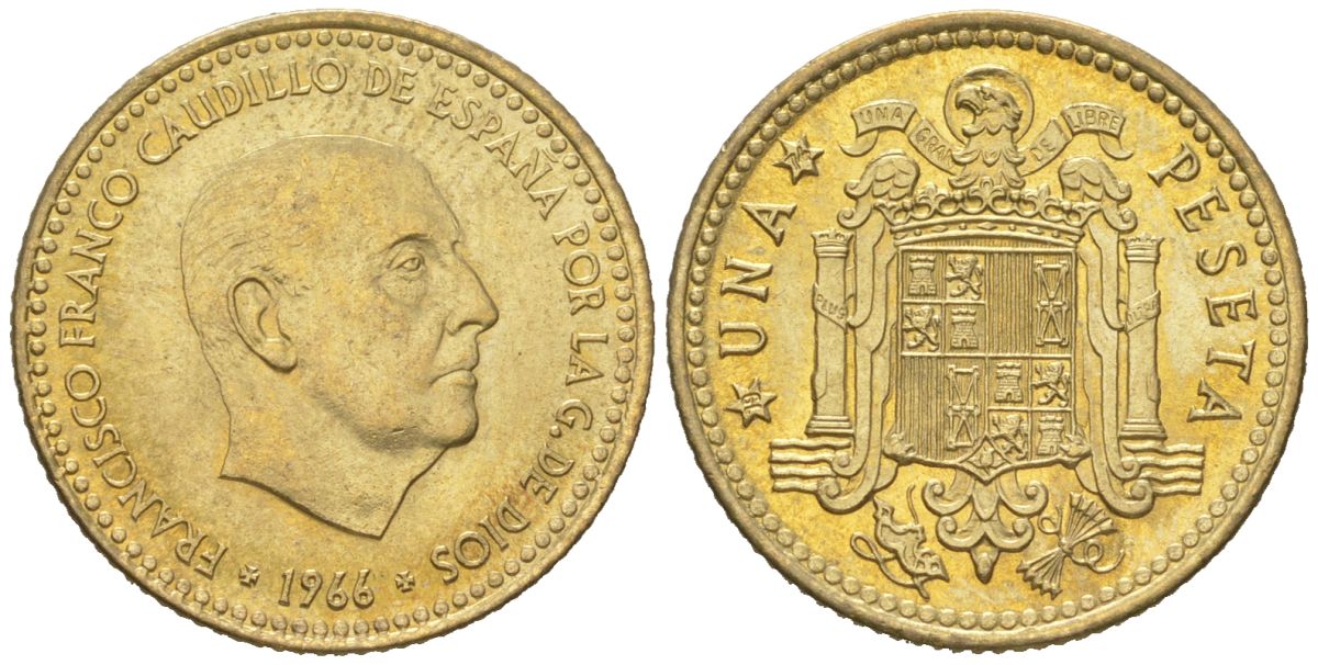 Испания 1 песета 1966 (74) Франсиско Франко (1939-1975) KM 796 алюминиевая бронза UNC 261-663
