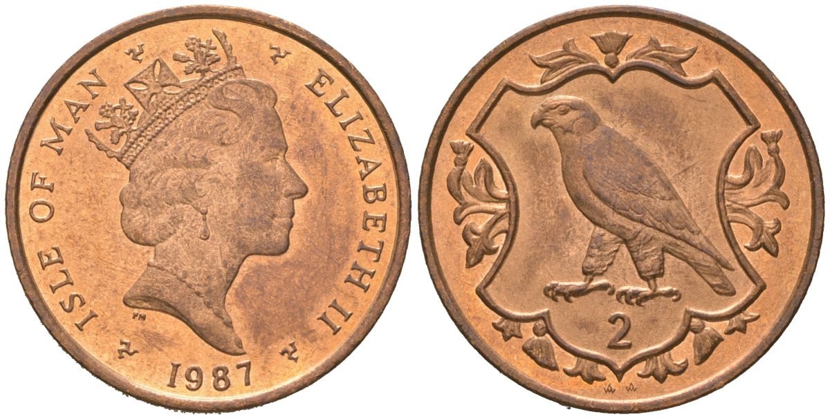 Остров Мэн 2 пенса 1987 Елизавета II (1952-2022) KM 144 бронза UNC 4619-115