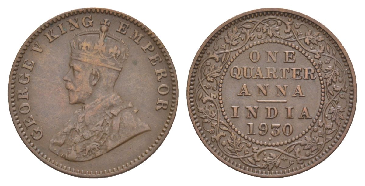 Британская Индия 1/4 анны 1930 Георг V (1910-1936), точка - Бомбей KM 512 бронза 4633-1026