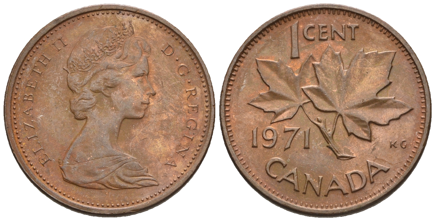 Канада 1 цент 1971 Елизавета II (1952-2022), кленовый лист KM 59.1 бронза 4609-136