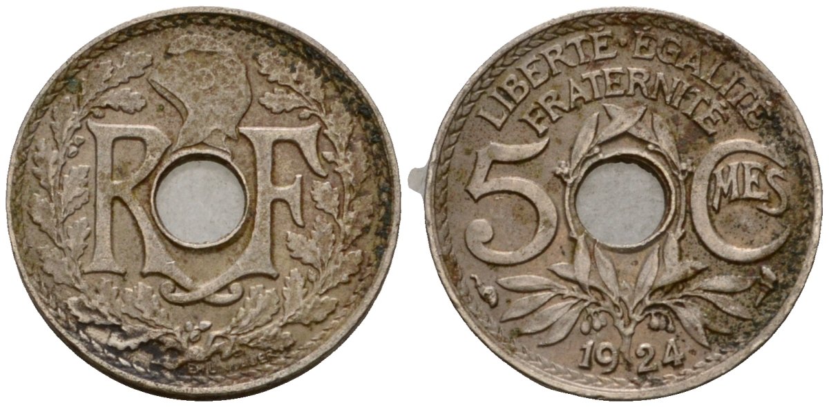 Франция 5 сантимов 1924 KM 875 медно-никель 4602-158