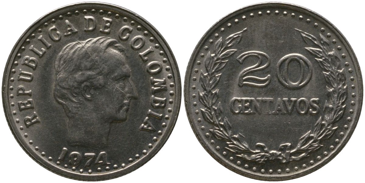 Колумбия 20 сентаво 1974 KM 246.1 сталь плакированная никелем 4529-811