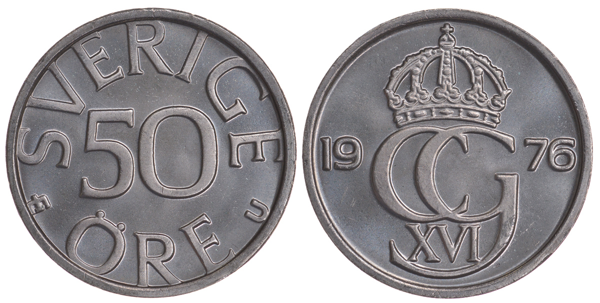 Швеция 50 эре 1976 U Карл XVI Густав (1973- ) KM 855 медно-никель UNC 72-424