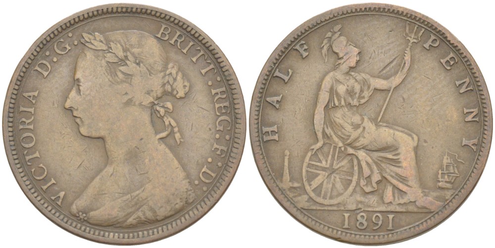Великобритания 1/2 пенни 1891 Виктория (1837-1901) KM 754, Spink 3956 бронза 4543-1227