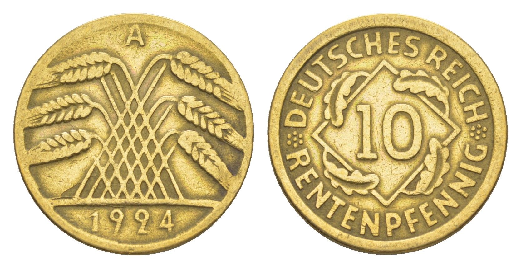 Германия 10 рентенпфеннигов 1924 A KM 33, J. 309 алюминиевая бронза 4164-1218