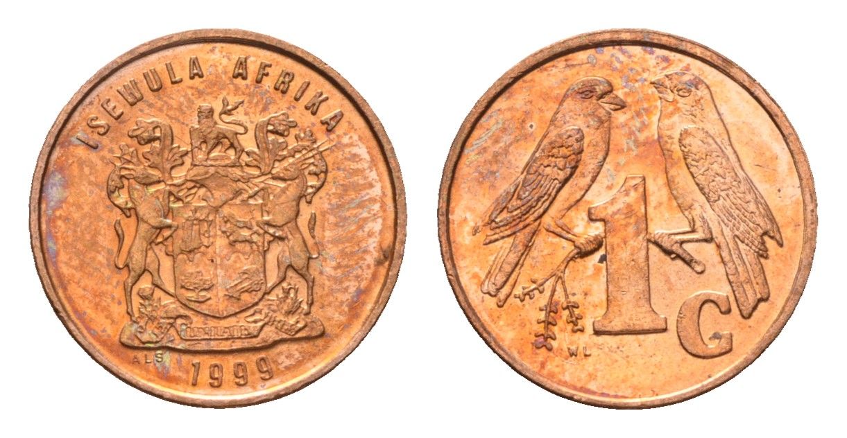 ЮАР 1 цент 1999 герб, капские воробьи KM 170 сталь плакированная медью UNC 4694-244