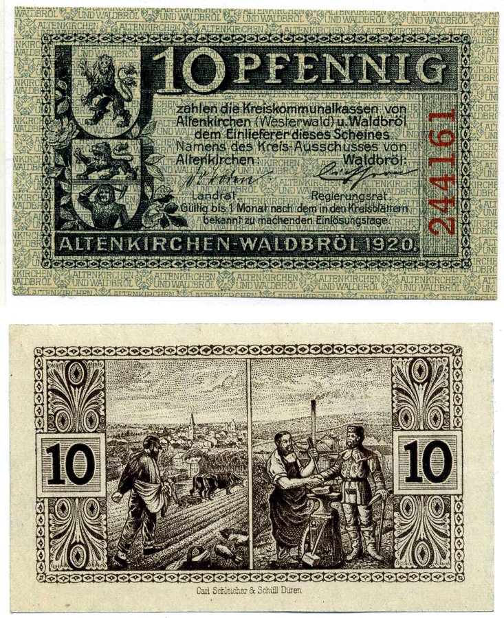 Вальдбрёль 10 пфеннигов 1920 1 месяц после выпуска, нотгельд , земля Северный Рейнлянд-Пфальц Grabowski А9.1а бумага 2193-21-3-2